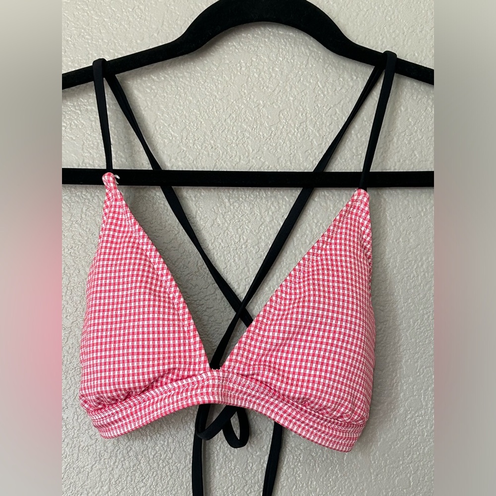 GUESS Y2K Triangle Halter String Bikini Top Gingham Lined Sexy Summer Beach Swim
